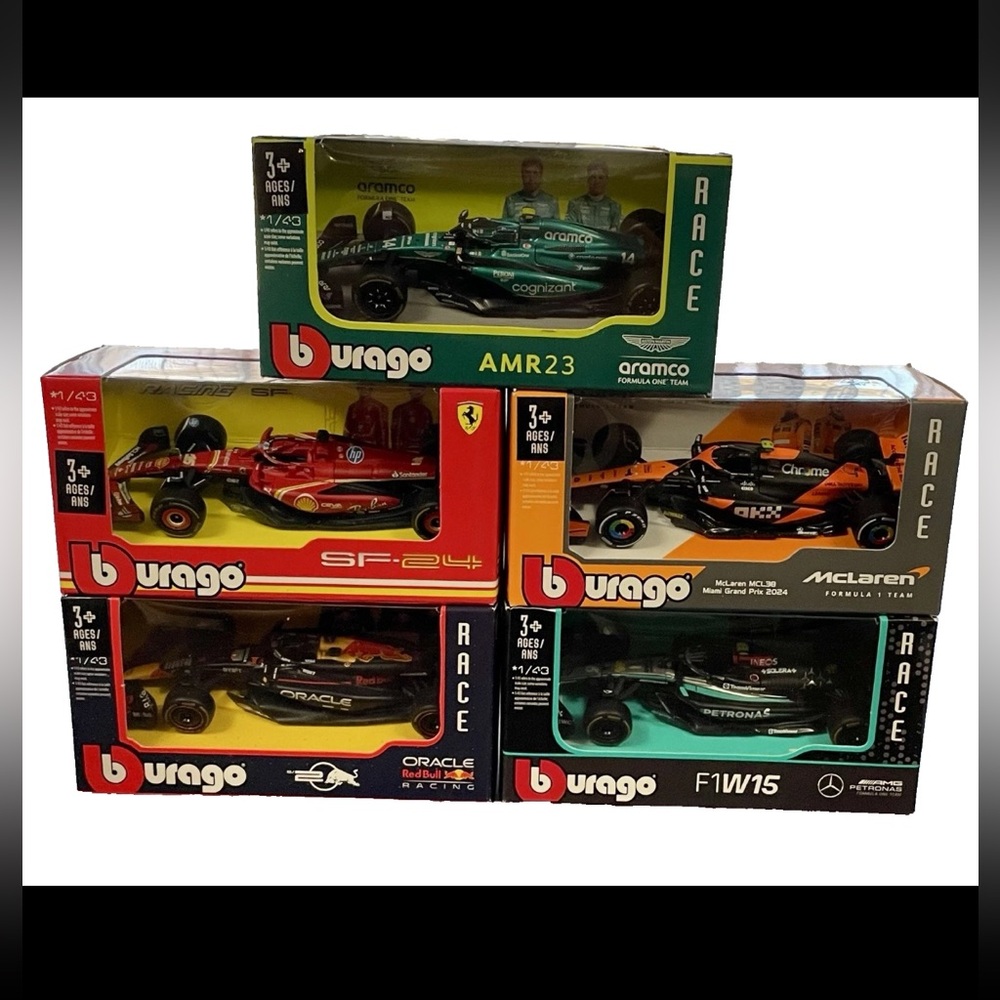Burago 5 CAR LOT OF F1. McLAREN, MERCEDES, FERRARI, RED BULL,ARAMCO 1/43 SCALE